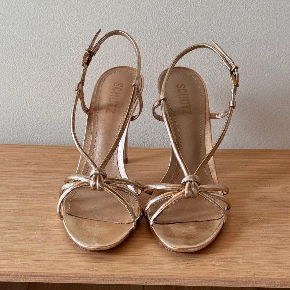 Schutz Kelsie Strappy Sandal Womens Size 8B Gold Metallic Stiletto Heel Buckle
